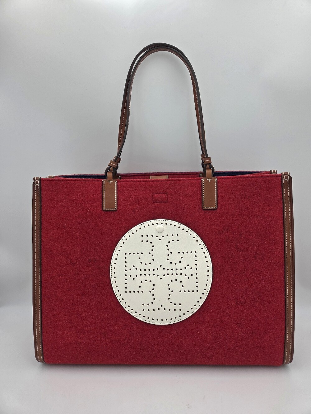 Tory Burch Ella Red Felt Tote with White Perforated Logo and Brown Trim